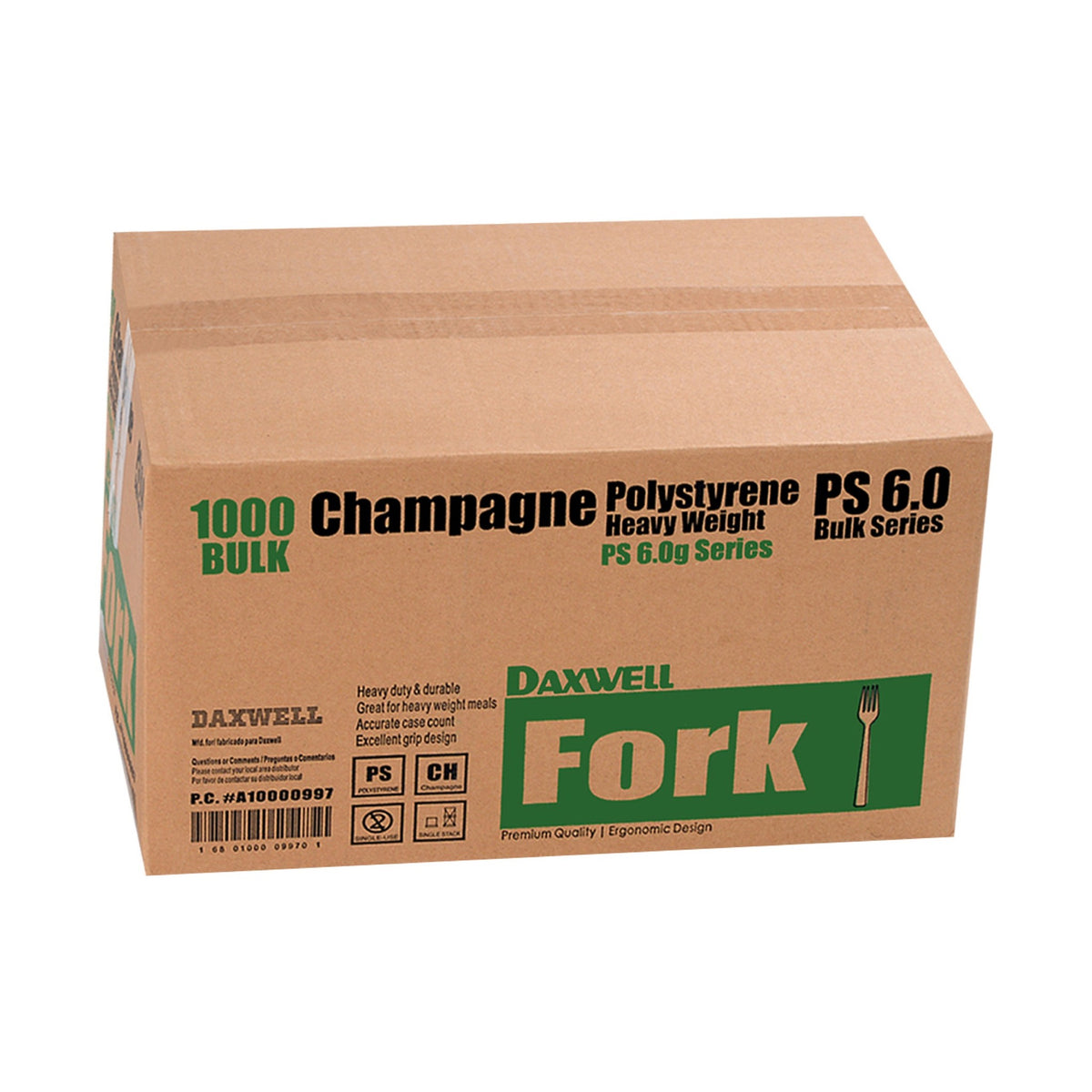 Full Size Heavy Weight Polystyrene Forks, Champagne - A10000997 packaging