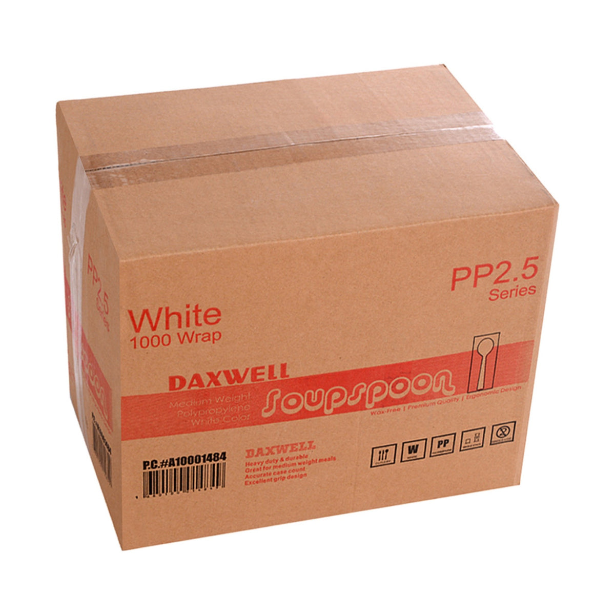 Medium Weight Ind. Wrapped Polypropylene Soup Spoons, White - A10001484 packaging