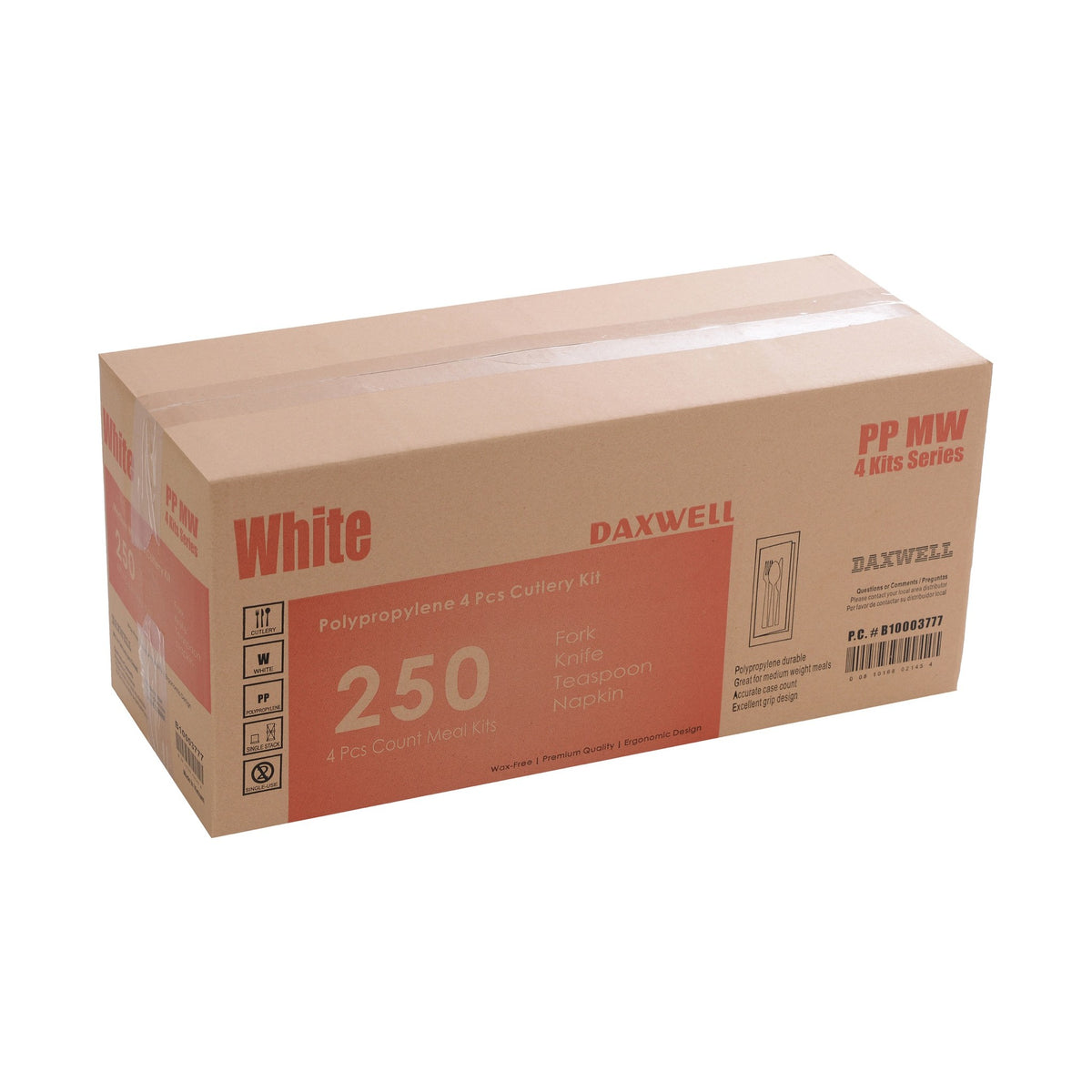 Medium Weight Wrapped Polypropylene Cutlery Kits, White - Fork, Knife, Teaspoon, Napkin - B10003777 packaging