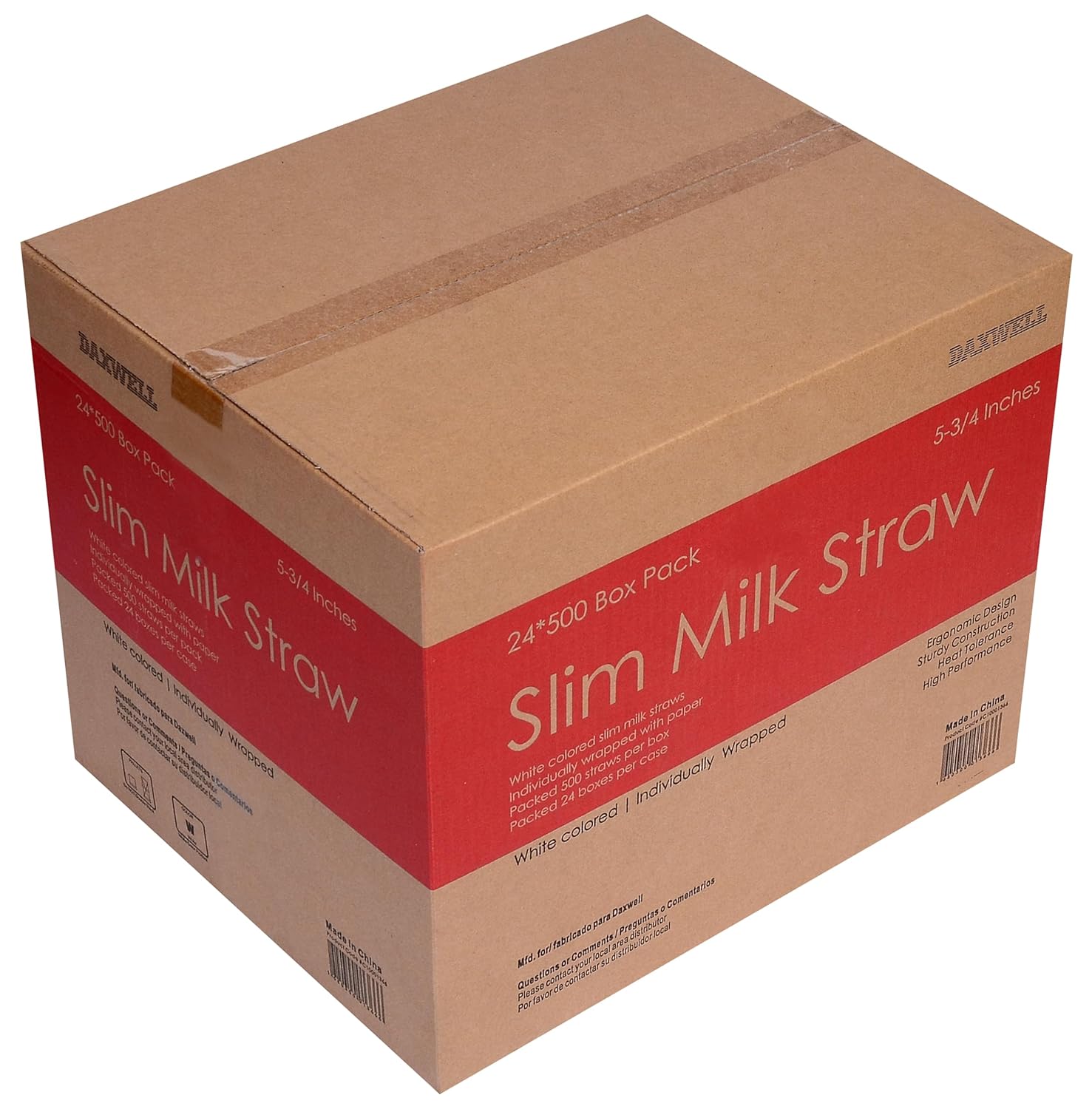 Daxwell Slim Milk Straws, labeled as a 24 x 500 box pack. The box features red and brown packaging with text indicating the straws are white-colored, individually wrapped, 5-3/4 inches long, and designed for high performance and durability.