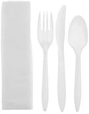 Medium Weight Wrapped Polypropylene Cutlery Kits, White - Fork, Knife, Teaspoon, Napkin - Daxwell