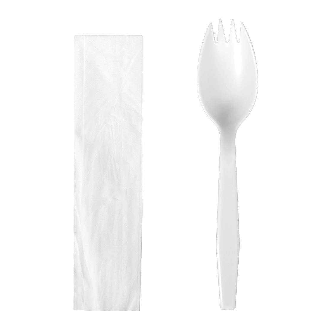 Medium Weight Wrapped Polypropylene Cutlery Kits, White - Spork and Napkin - Daxwell