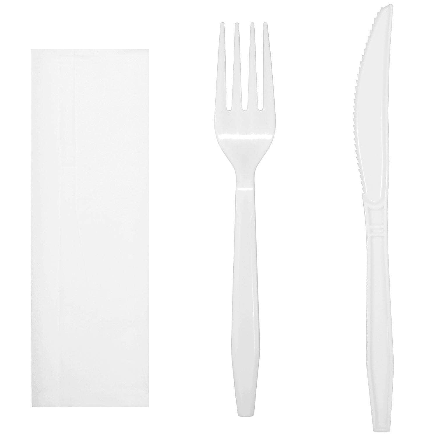 Luxury Heavy Weight Wrapped Polypropylene Cutlery Kits, White - Fork, Knife, Napkin - Daxwell