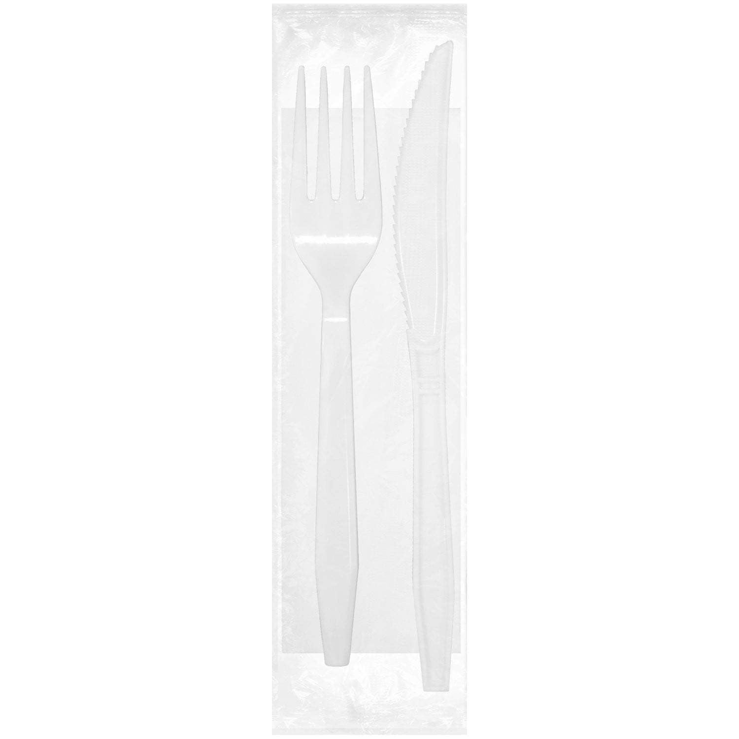 Luxury Heavy Weight Wrapped Polypropylene Cutlery Kits, White - Fork, Knife, Napkin - Daxwell