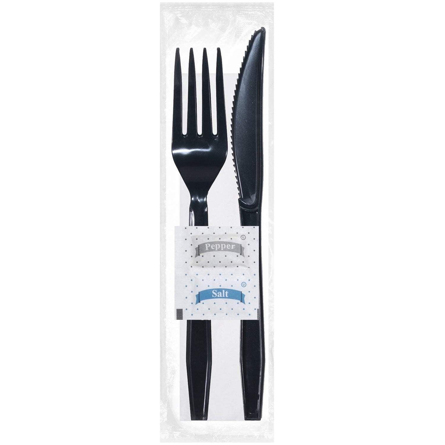 Luxury Heavy Weight Wrapped Polystyrene Cutlery Kits, Black - Fork, Knife, Salt & Pepper, Napkin - Daxwell