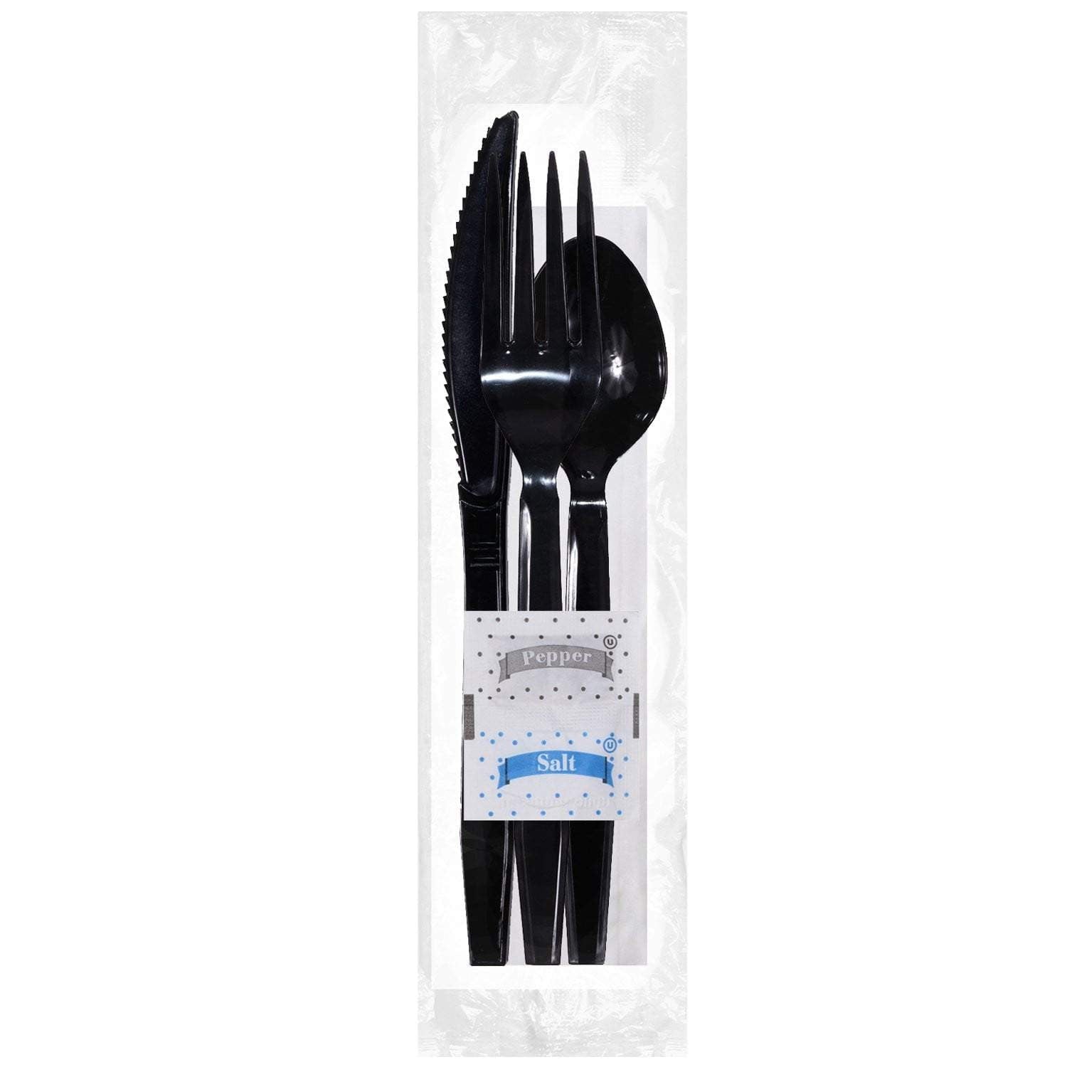 Luxury Heavy Weight Wrapped Polystyrene Cutlery Kits, Black - Fork, Knife, Teaspoon, Salt & Pepper, Napkin - Daxwell