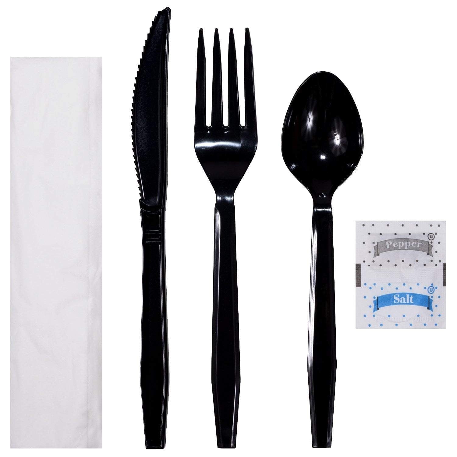 Luxury Heavy Weight Wrapped Polystyrene Cutlery Kits, Black - Fork, Knife, Teaspoon, Salt & Pepper, Napkin - Daxwell