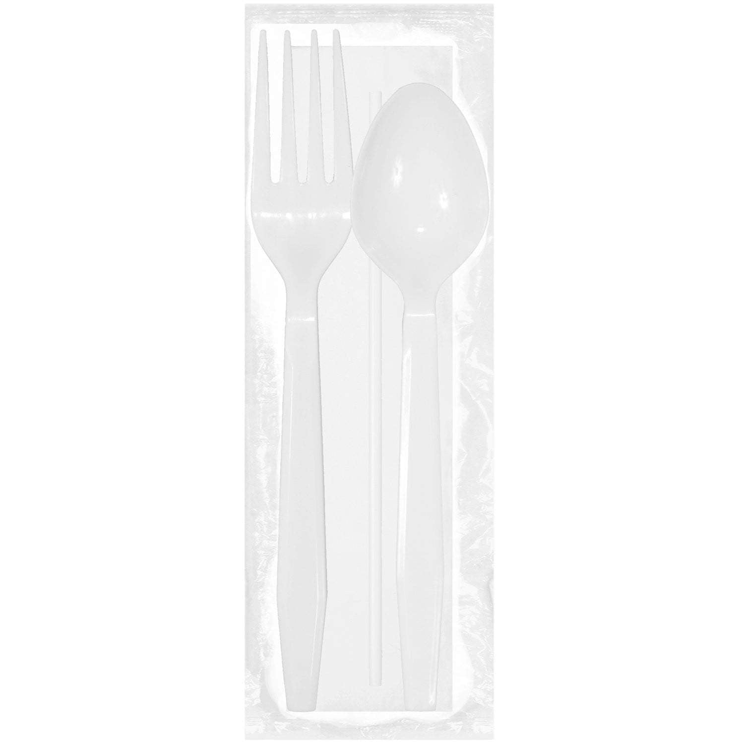Luxury Heavy Weight Wrapped Polypropylene Cutlery Kits, White - Fork, Teaspoon, Straw, Napkin - Daxwell