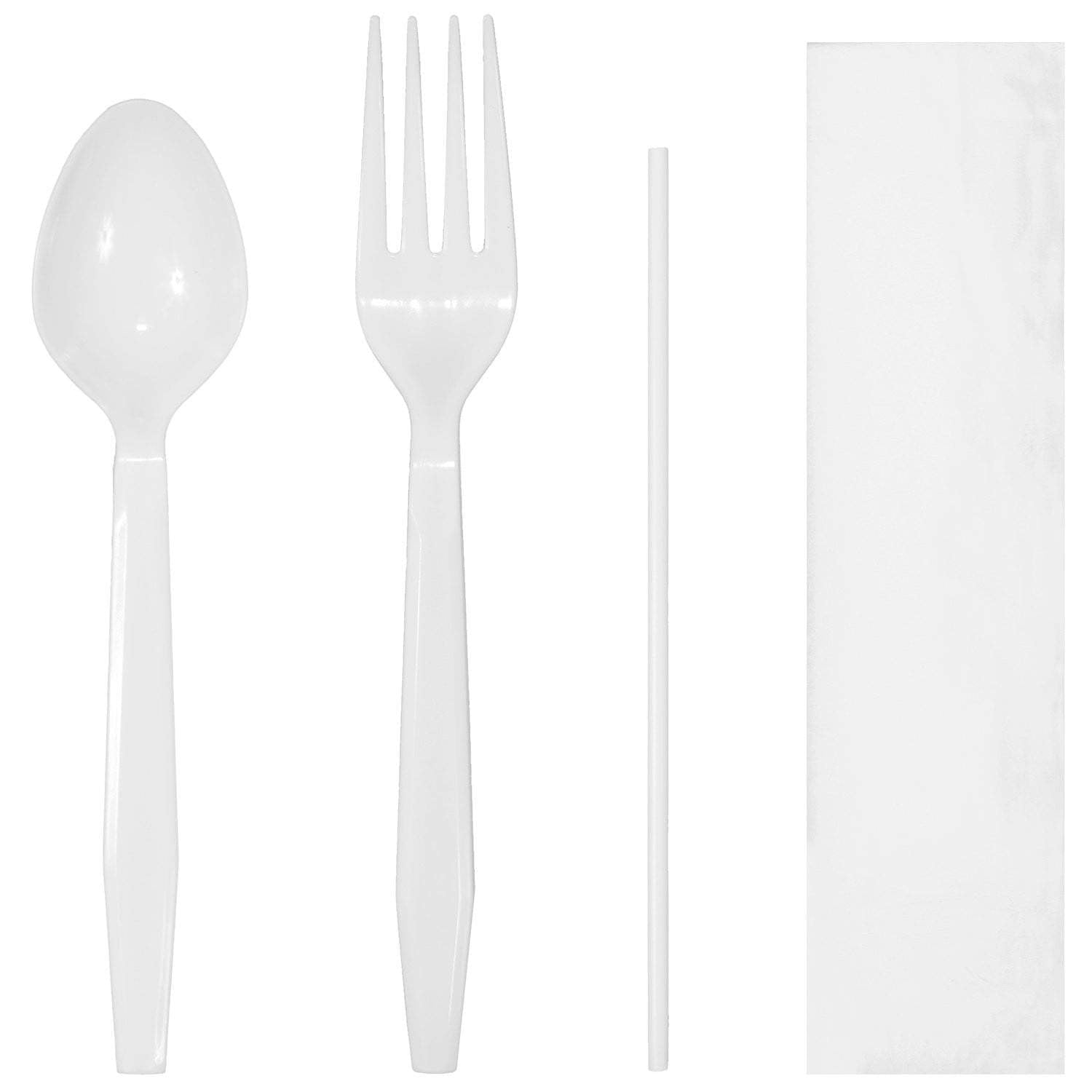 Luxury Heavy Weight Wrapped Polypropylene Cutlery Kits, White - Fork, Teaspoon, Straw, Napkin - Daxwell