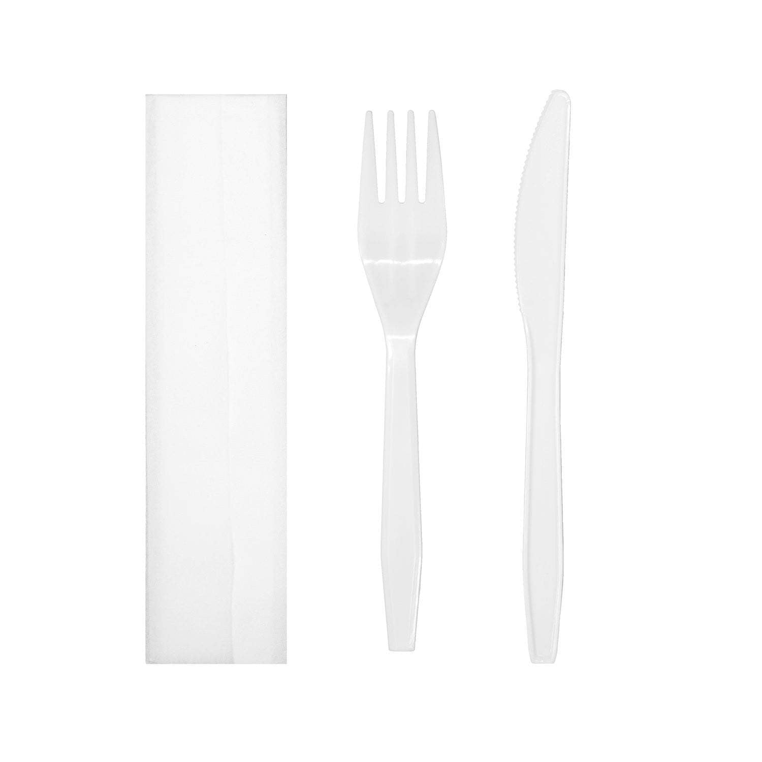 Medium Heavy Weight Wrapped Polypropylene Cutlery Kits, White - Fork, Knife, Napkin - Daxwell