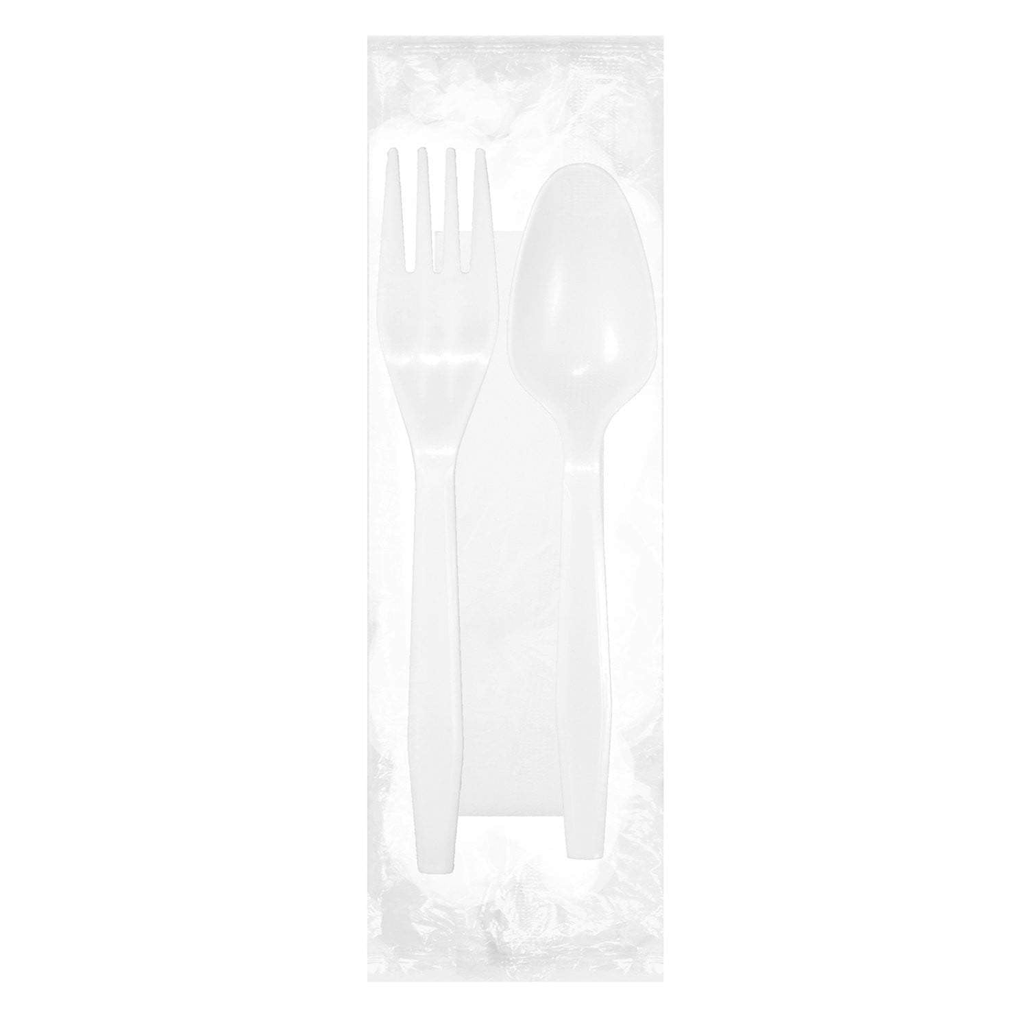 Medium Heavy Weight Wrapped Polypropylene Cutlery Kits, White - Fork, Teaspoon, Napkin - Daxwell