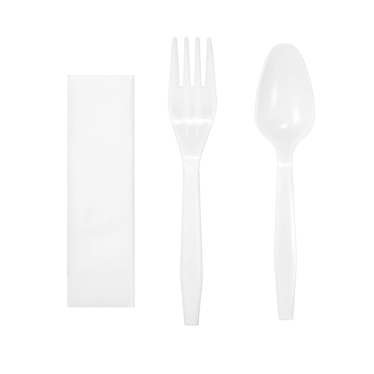 Medium Heavy Weight Wrapped Polypropylene Cutlery Kits, White - Fork, Teaspoon, Napkin - Daxwell