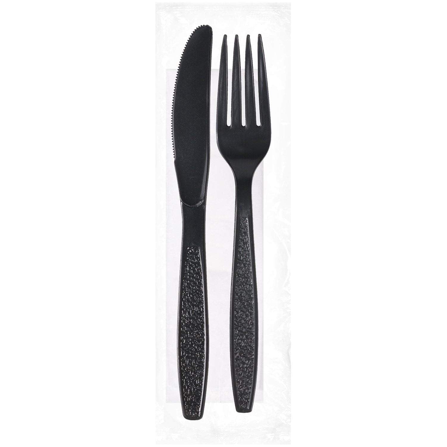 Full Size Heavy Weight Wrapped Polystyrene Cutlery Kits, Black - Fork, Knife, Napkin - Daxwell