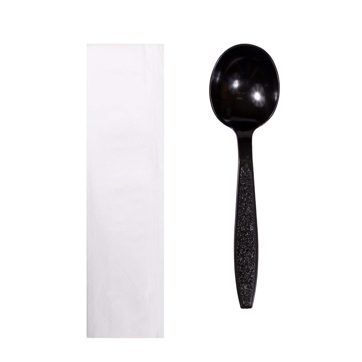 Full Size Heavy Weight Wrapped Polystyrene Cutlery Kits, Black - Soup Spoon, Napkin - Daxwell