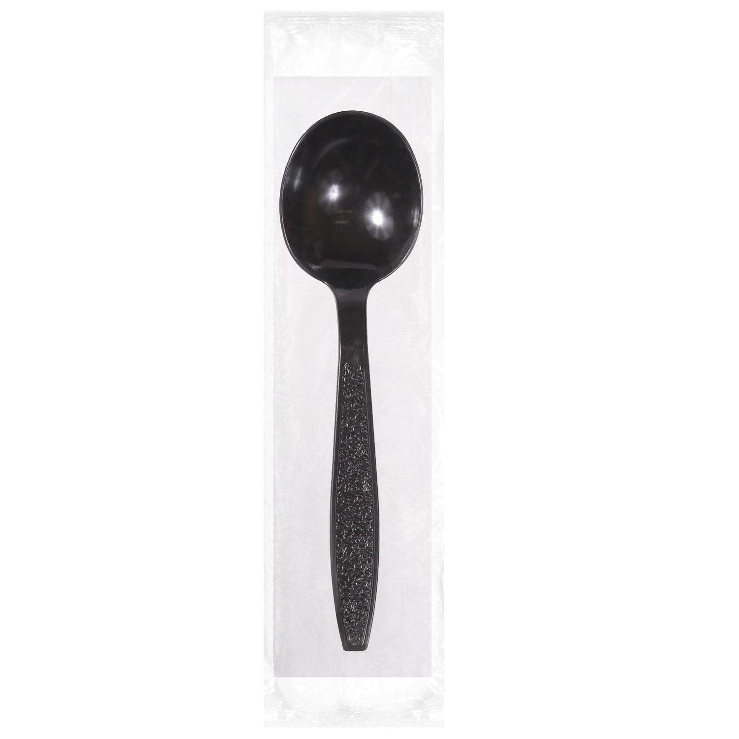 Full Size Heavy Weight Wrapped Polystyrene Cutlery Kits, Black - Soup Spoon, Napkin - Daxwell