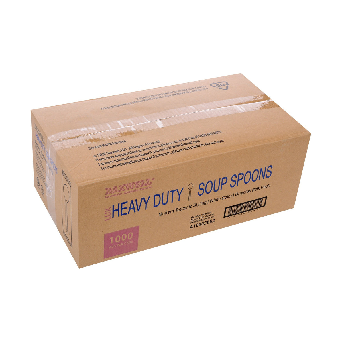 Medium-Heavy Weight Polypropylene Soup Spoons, White - A10002662 packaging