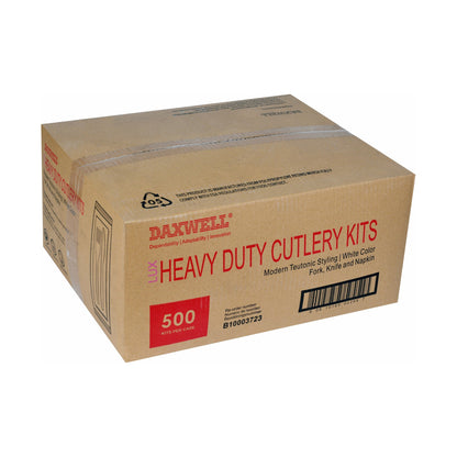 Medium Heavy Weight Wrapped Polypropylene Cutlery Kits, White - Fork, Knife, Napkin - B10003723 packaging