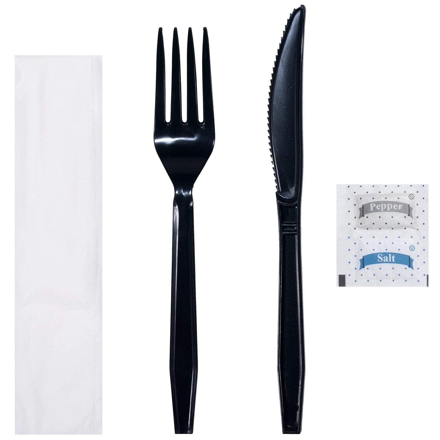 Luxury Heavy Weight Wrapped Polystyrene Cutlery Kits, Black - Fork, Knife, Salt & Pepper, Napkin - Daxwell