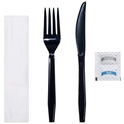 Luxury Heavy Weight Wrapped Polystyrene Cutlery Kits, Black - Fork, Knife, Salt & Pepper, Napkin - Daxwell