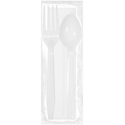 Luxury Heavy Weight Wrapped Polypropylene Cutlery Kits, White - Fork, Teaspoon, Straw, Napkin - Daxwell