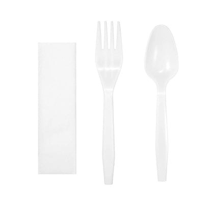 Medium Heavy Weight Wrapped Polypropylene Cutlery Kits, White - Fork, Teaspoon, Napkin - Daxwell