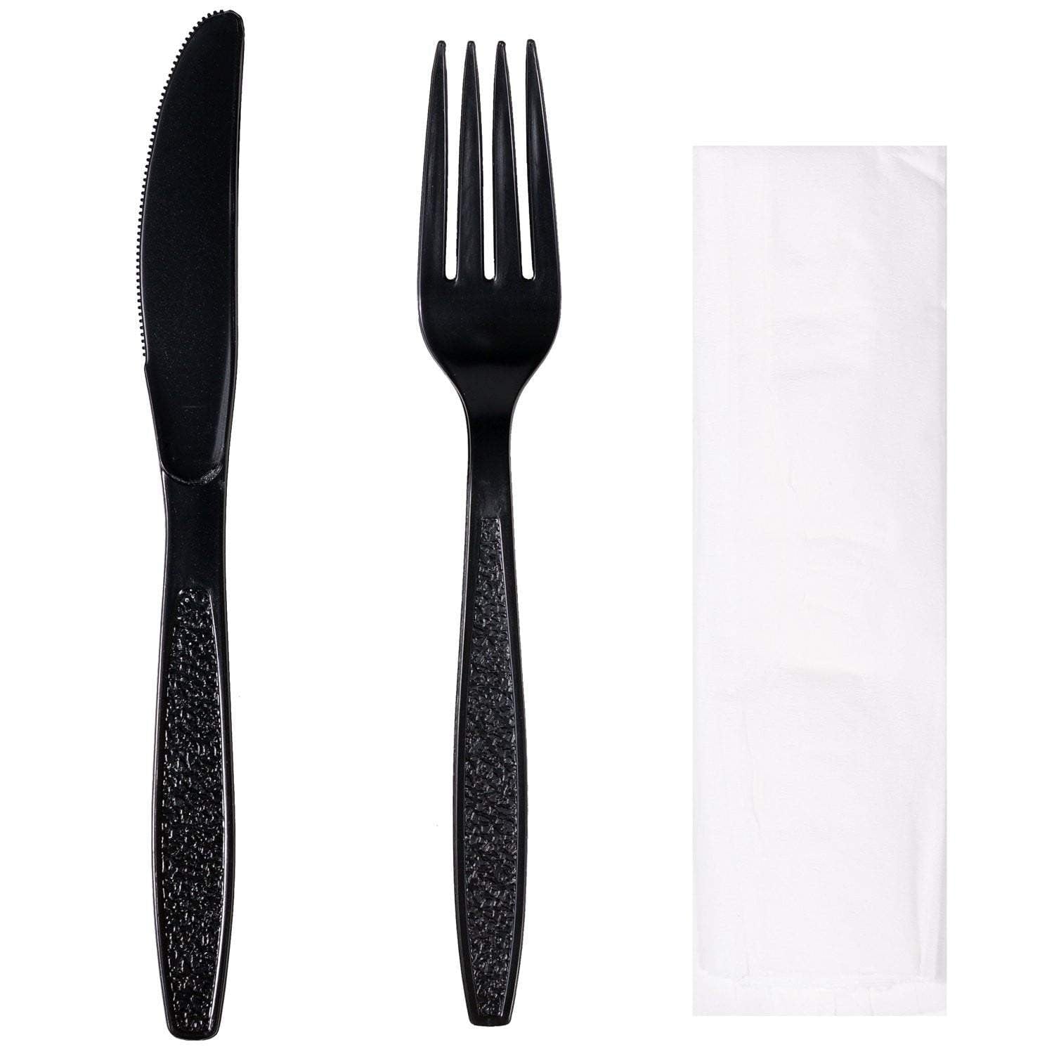 Full Size Heavy Weight Wrapped Polystyrene Cutlery Kits, Black - Fork, Knife, Napkin - Daxwell